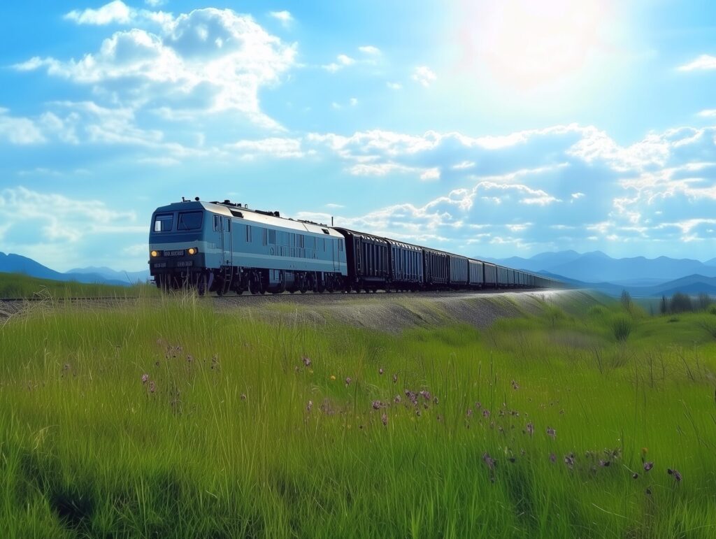Freight train transporting coal through a rural corridor, illustrating Russian coal exports logistics.