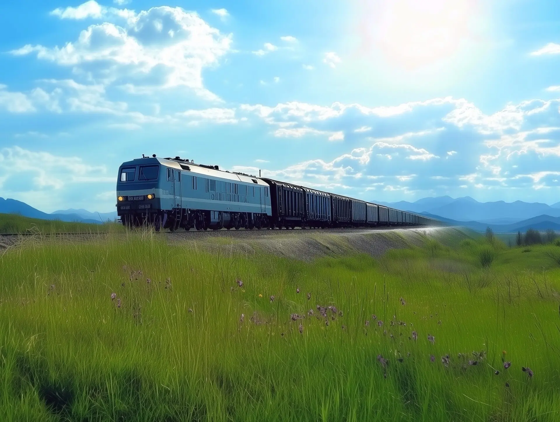 Freight train transporting coal through a rural corridor, illustrating Russian coal exports logistics.