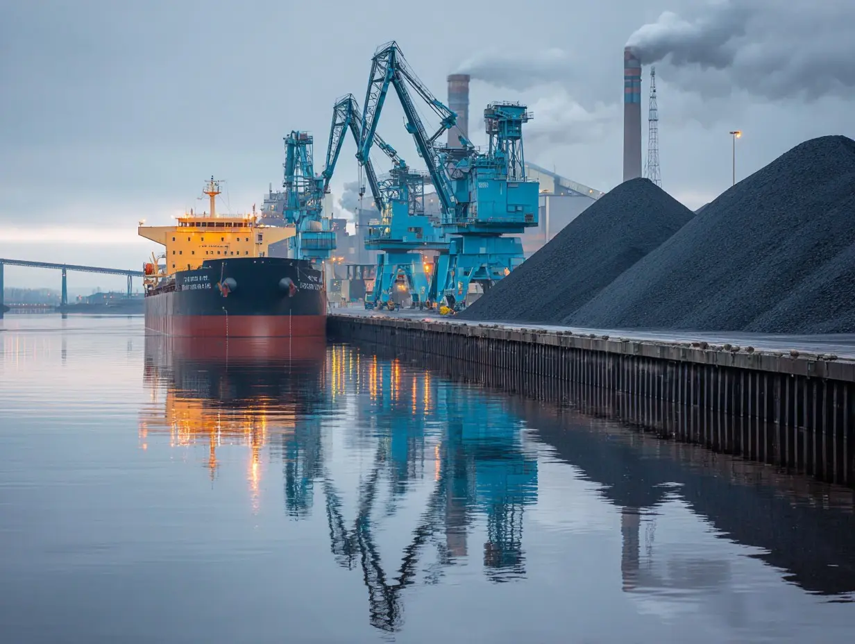 Bulk carrier loading coal at a port, representing global coal prices and seaborne coal market activity.