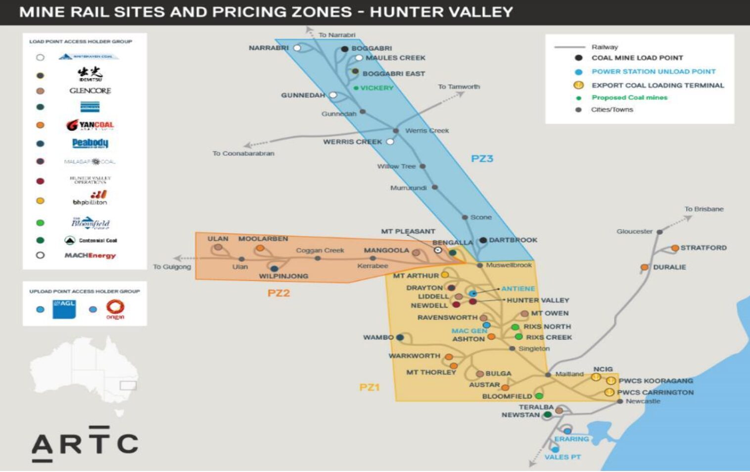 Map of the Hunter Valley coal network showing pricing zones, mines, rail routes and export terminals