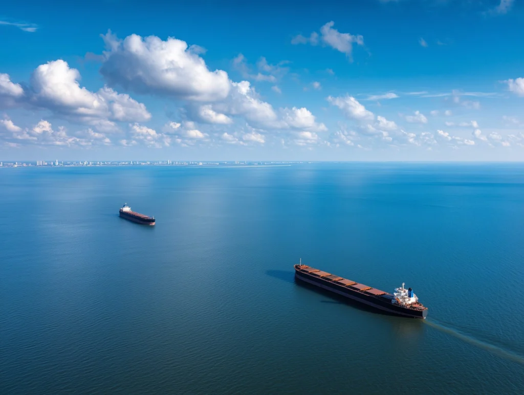Bulk carriers transporting coal across major shipping routes, reflecting seaborne trade that influences global coal prices.