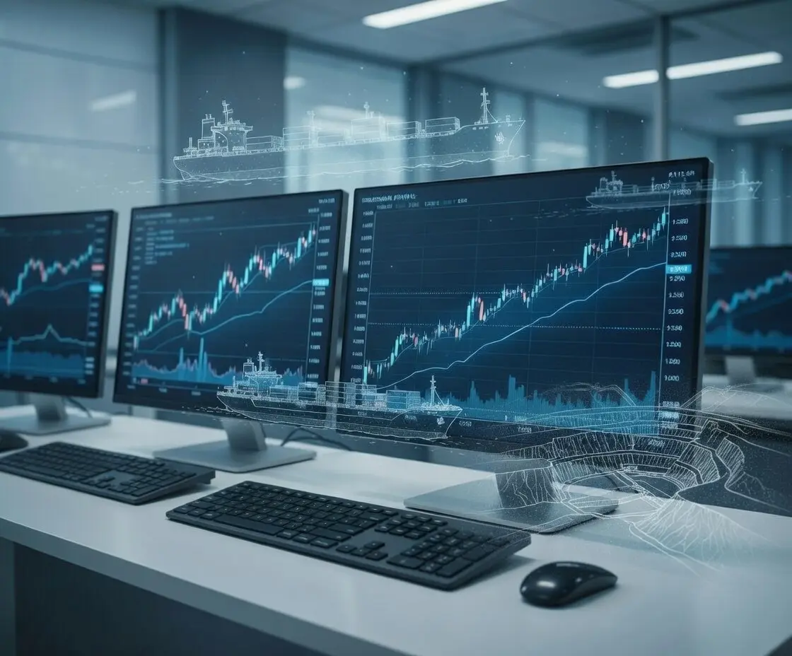 Digital trading screens showing coal price benchmarks and market indicators
