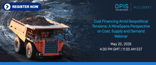 Webinar promo banner featuring a mining dump truck in a quarry, with a 'Register Now' button and event details: title about coal financing, date May 20, 2026, 4 PM GMT / 11 AM EST, OPIS and McCloskey logos.
