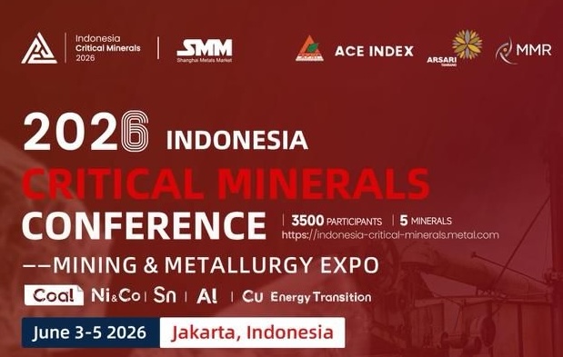 Poster for the 2026 Indonesia Critical Minerals Conference in Jakarta (June 3–5, 2026), highlighting mining & metallurgy expo and participants list.