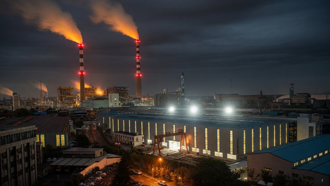 Steel plant with smokestacks at night illustrating China’s industrial demand for coking coal imports