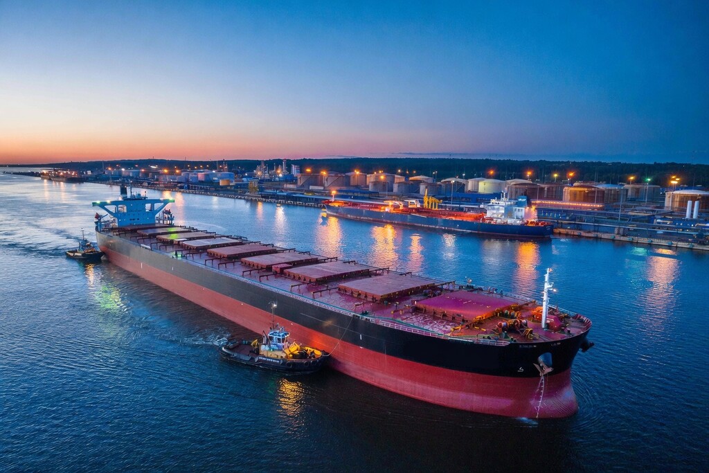 Bulk carrier vessel being loaded with coal at a Russian Baltic port terminal during sunset