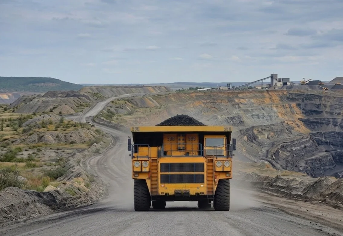 Large mining truck transporting coal at an open-pit mine in Kuzbass, Russia