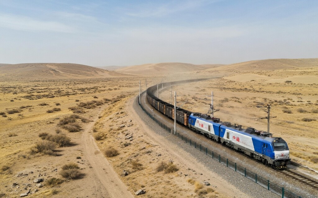 Russian coal train crossing a desert landscape on the route to China