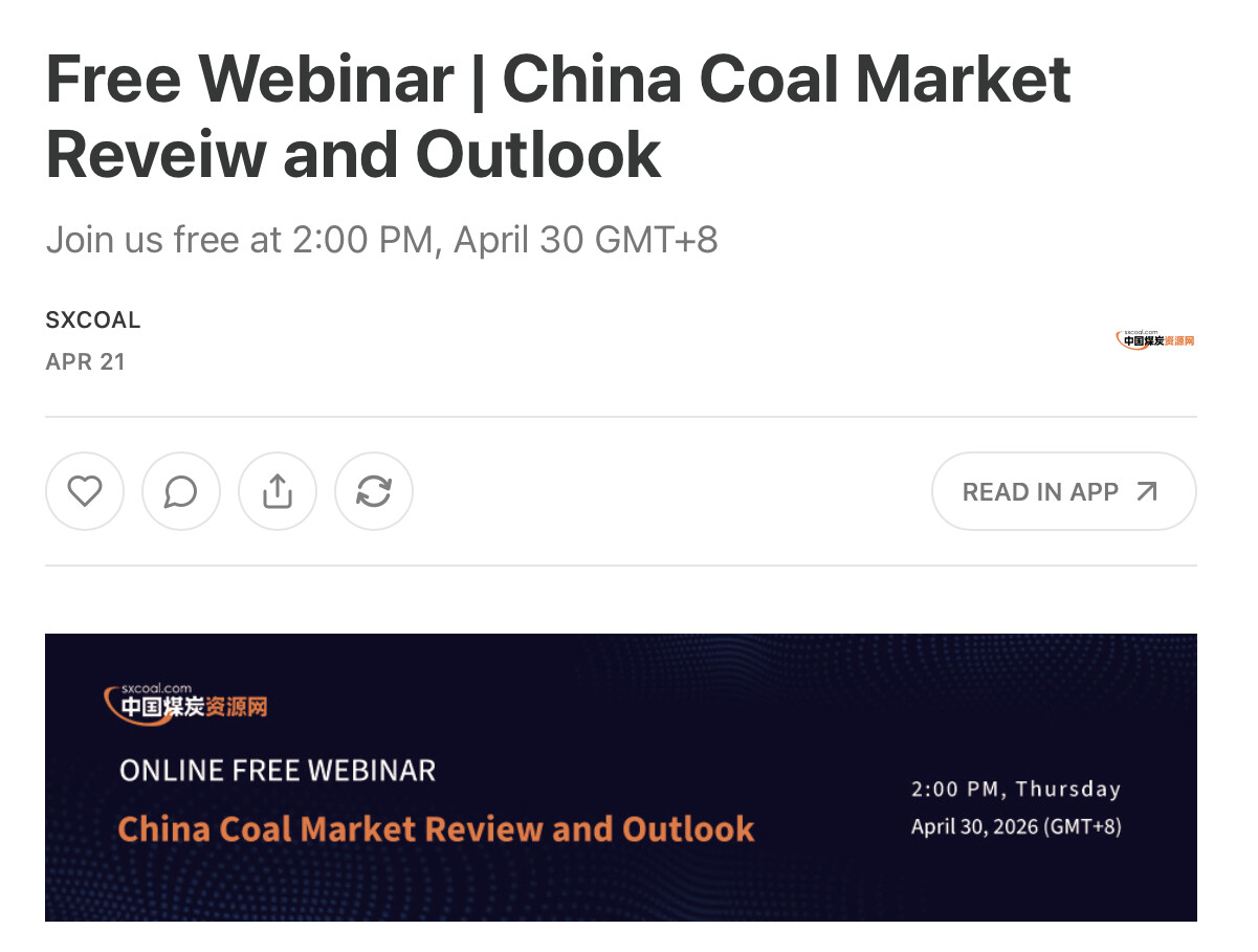 Promo header for a free webinar: 'China Coal Market Review and Outlook' on April 30 at 2:00 PM, with a blue banner graphic.