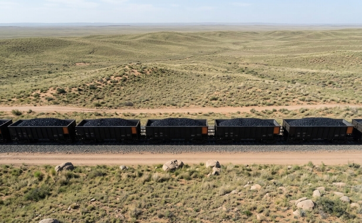 Freight train carrying thermal coal across arid landscape illustrating global coal prices and supply chain logistics