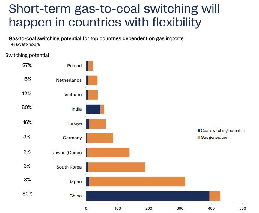 Countries with the highest short-term gas-to-coal switching potential | The Coal Hub Horizontal bar chart showing gas-to-coal switching potential and gas generation levels across countries including Poland, Netherlands, India, Germany, Japan, and China, measured in terawatt-hours.