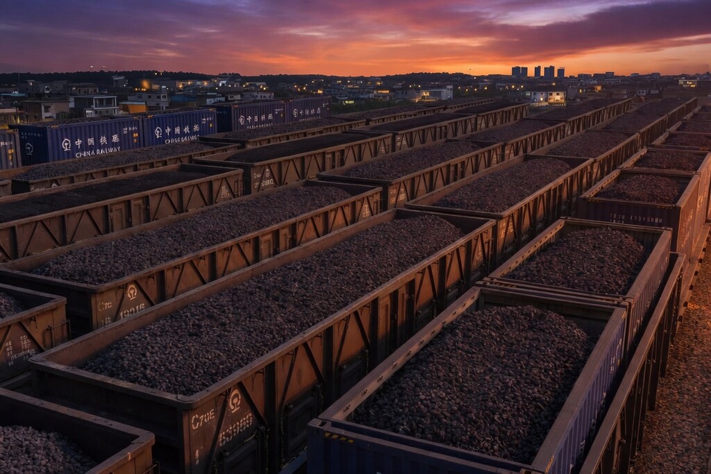 Coal-filled railway wagons lined up near a Chinese rail terminal at sunset.
