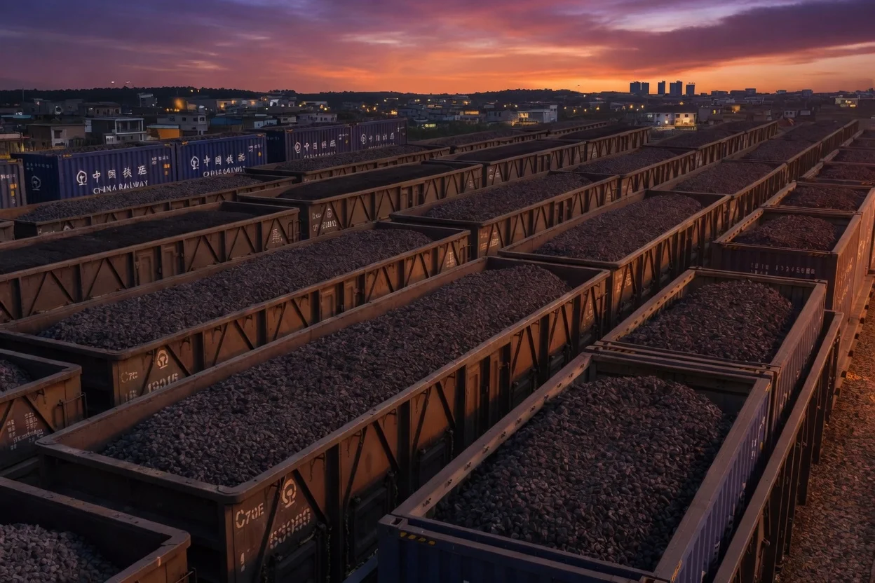 Coal rail shipments to China | The Coal Hub Coal-filled railway wagons lined up near a Chinese rail terminal at sunset.
