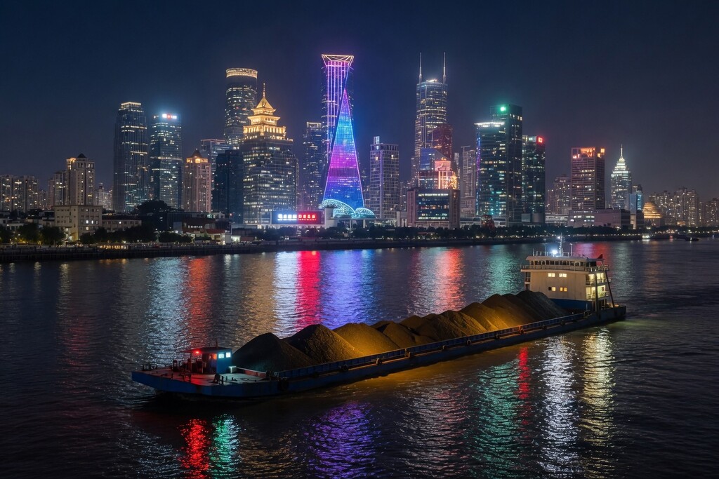 Coal barge passing a Chinese city skyline at night