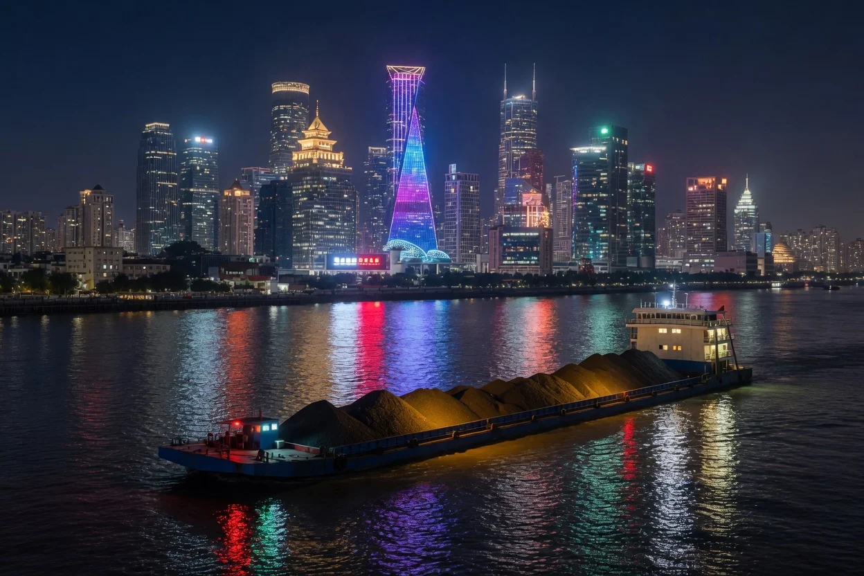 Coal barge passing a Chinese city skyline at night