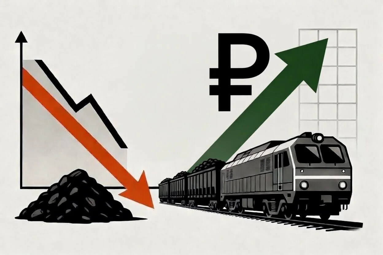 Strong ruble and rail tariffs pressure Russian coal exports | The Coal Hub Illustration showing coal prices falling while the ruble and rail transport costs rise.