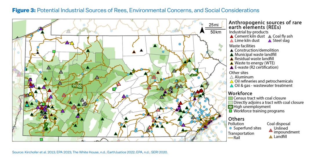 Pennsylvania rare earths from coal ash map | The Coal Hub Map of Pennsylvania showing coal ash, industrial waste sources, workforce areas, transport links and environmental concerns related to rare earth element recovery.