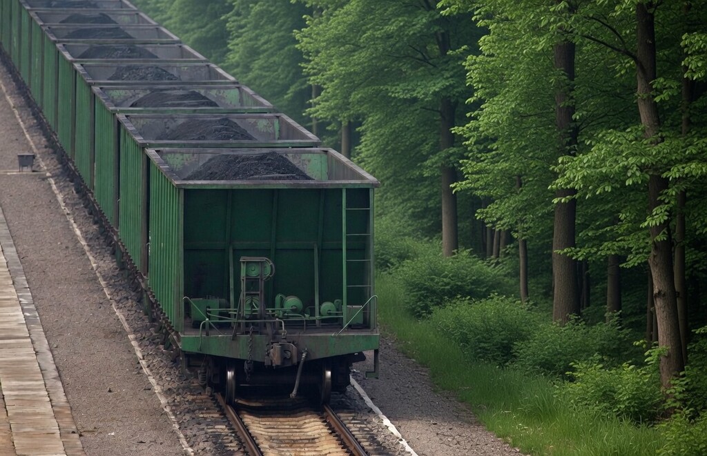 Coal rail wagons carrying Russian coal through a forested area
