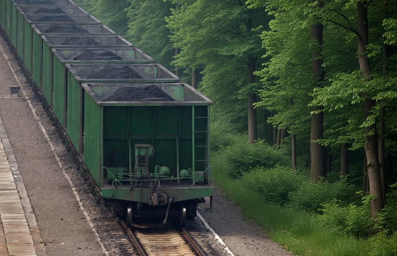 Coal rail wagons carrying Russian coal through a forested area