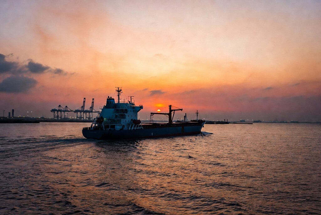 Cargo ship sailing near a South Korean port at sunset.
