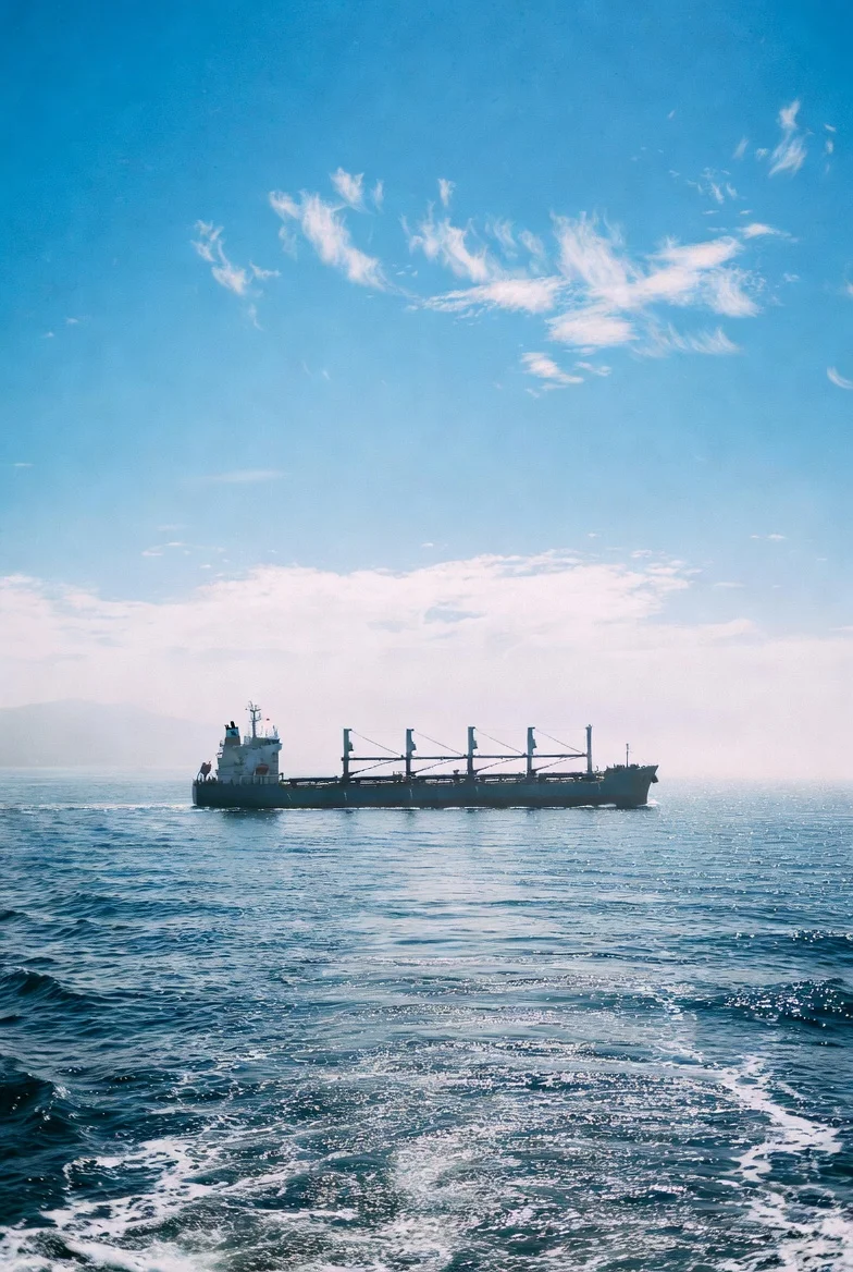 Coal cargo ship at sea | The Coal Hub Bulk cargo ship sailing across the sea under a clear blue sky.