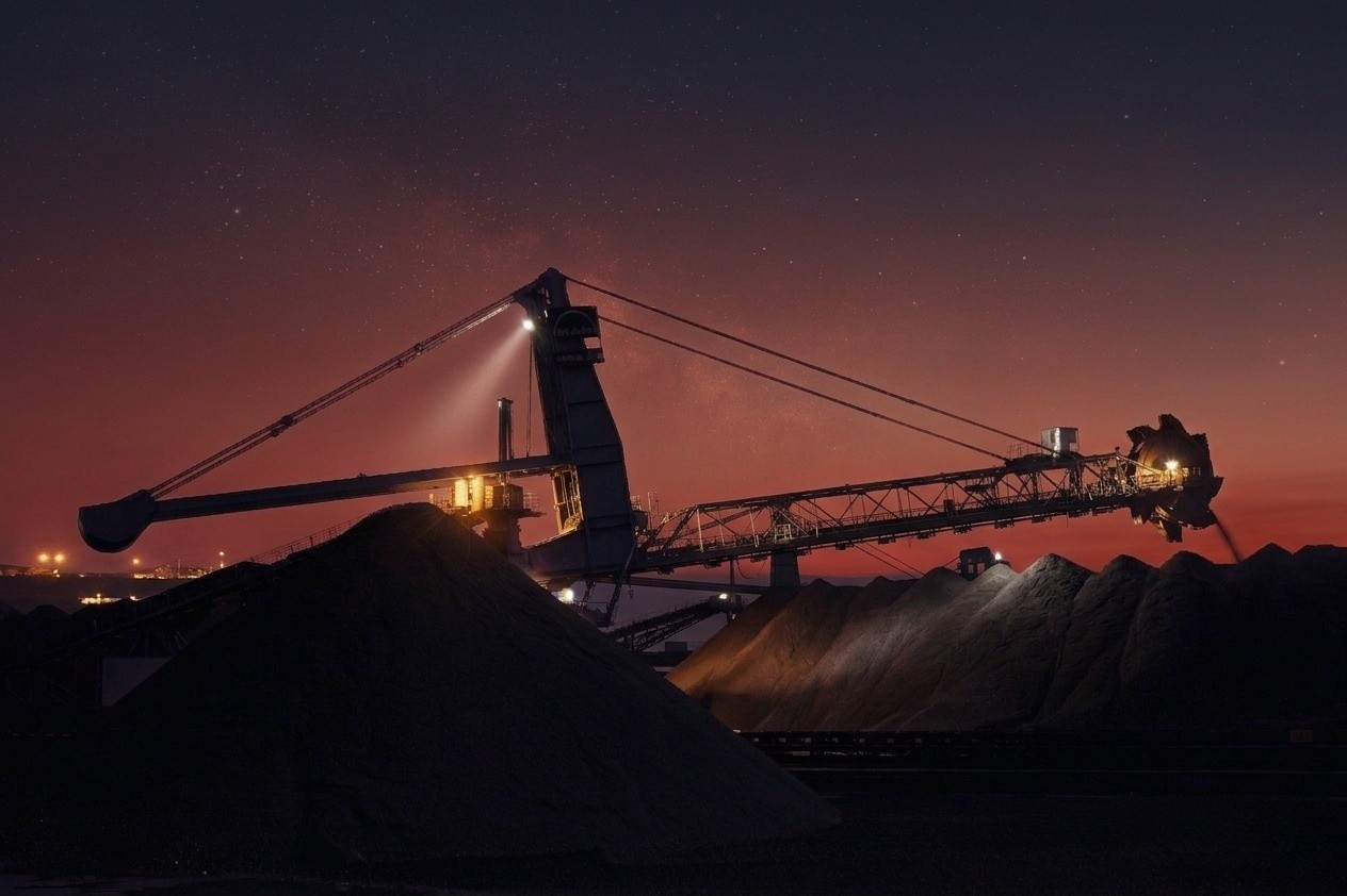 Coal stockpiles and loading equipment at a coal terminal during nighttime operations amid changing global coal prices