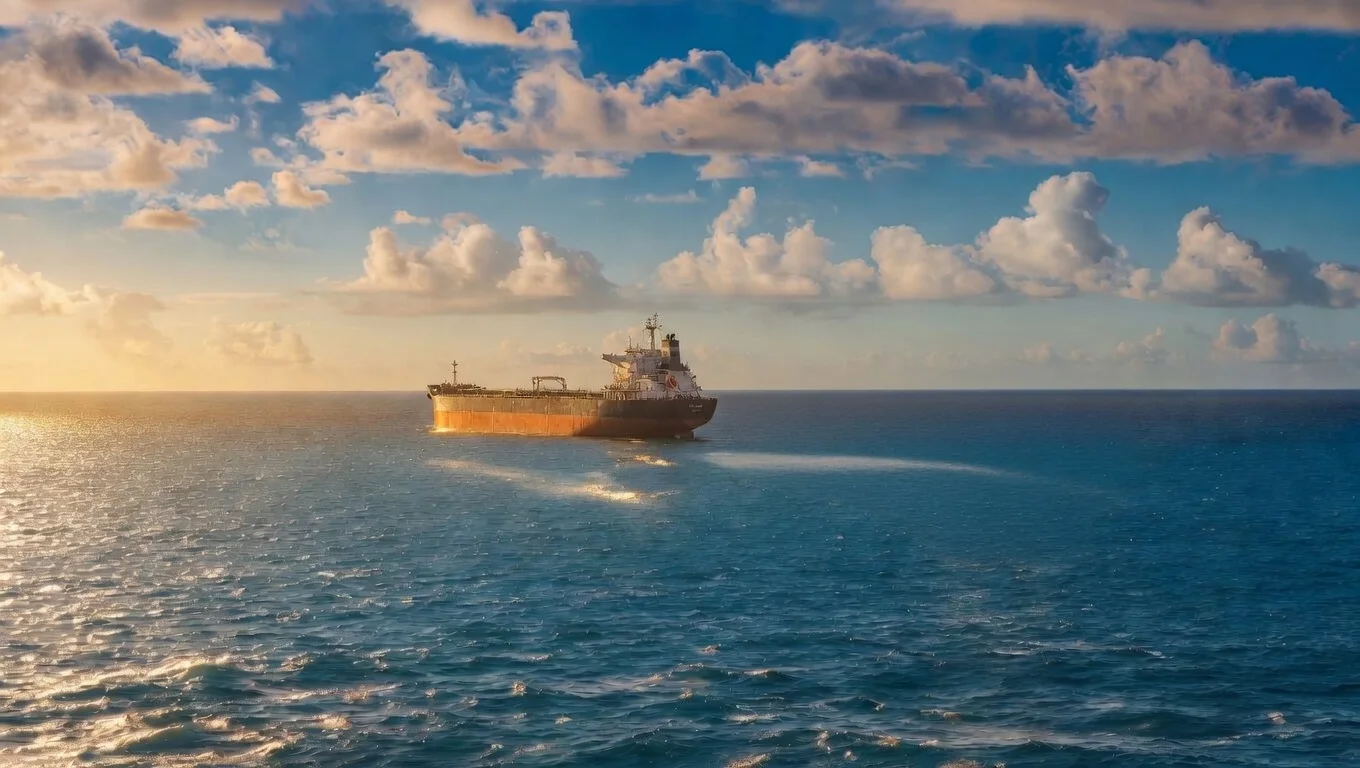 Cargo ship sailing across calm ocean at sunset with a golden horizon.