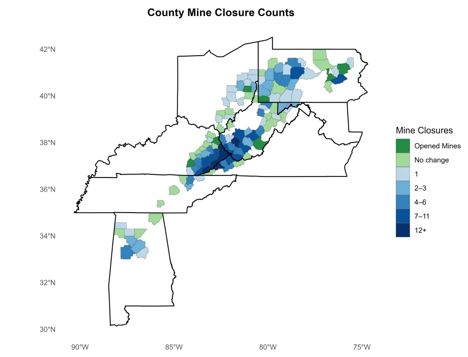 Map showing county-level coal mine closure counts across U.S. Appalachia from 2011 to 2016