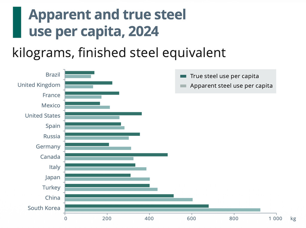 Bar chart comparing apparent and true steel use per capita across major countries in 2024.