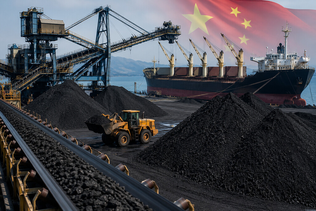China coal market and metallurgical coal trade at a bulk export terminal with stockpiles, conveyor systems and a bulk carrier vessel