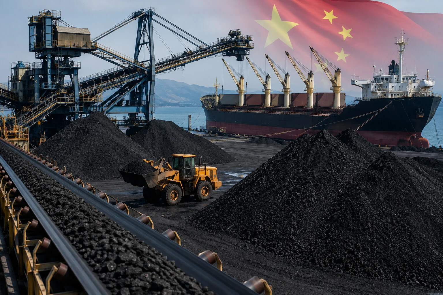 China developments drive volatility in global metallurgical coal market | The Coal Hub China coal market and metallurgical coal trade at a bulk export terminal with stockpiles, conveyor systems and a bulk carrier vessel
