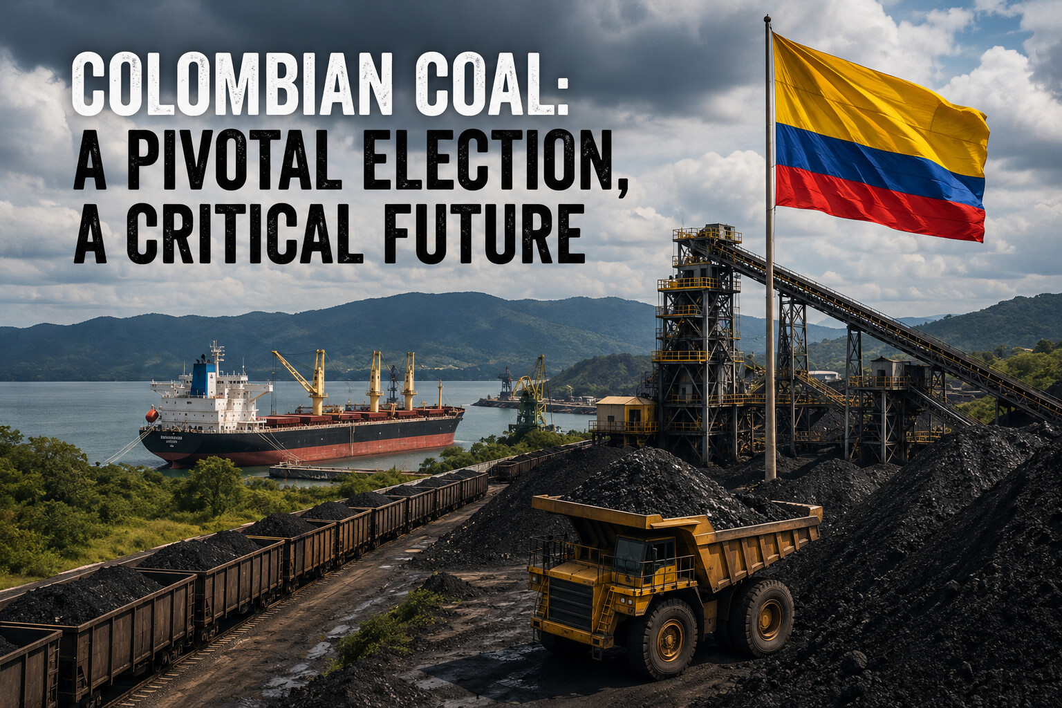 Future of Colombian coal hangs in balance as voters head to polls | The Coal Hub | The Coal Hub Colombian flag over a coal mine and port with a cargo ship; bold headline about Colombian coal and elections.