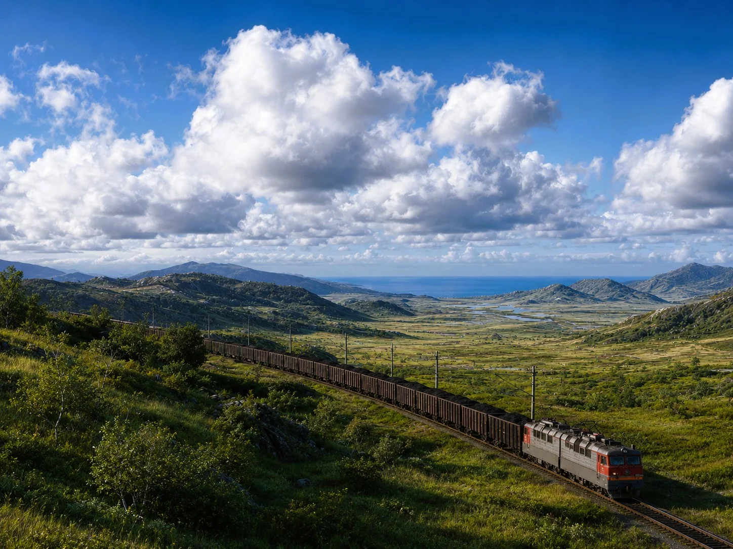 Coal freight train moving through a mountainous landscape, representing Russian coal exports to China