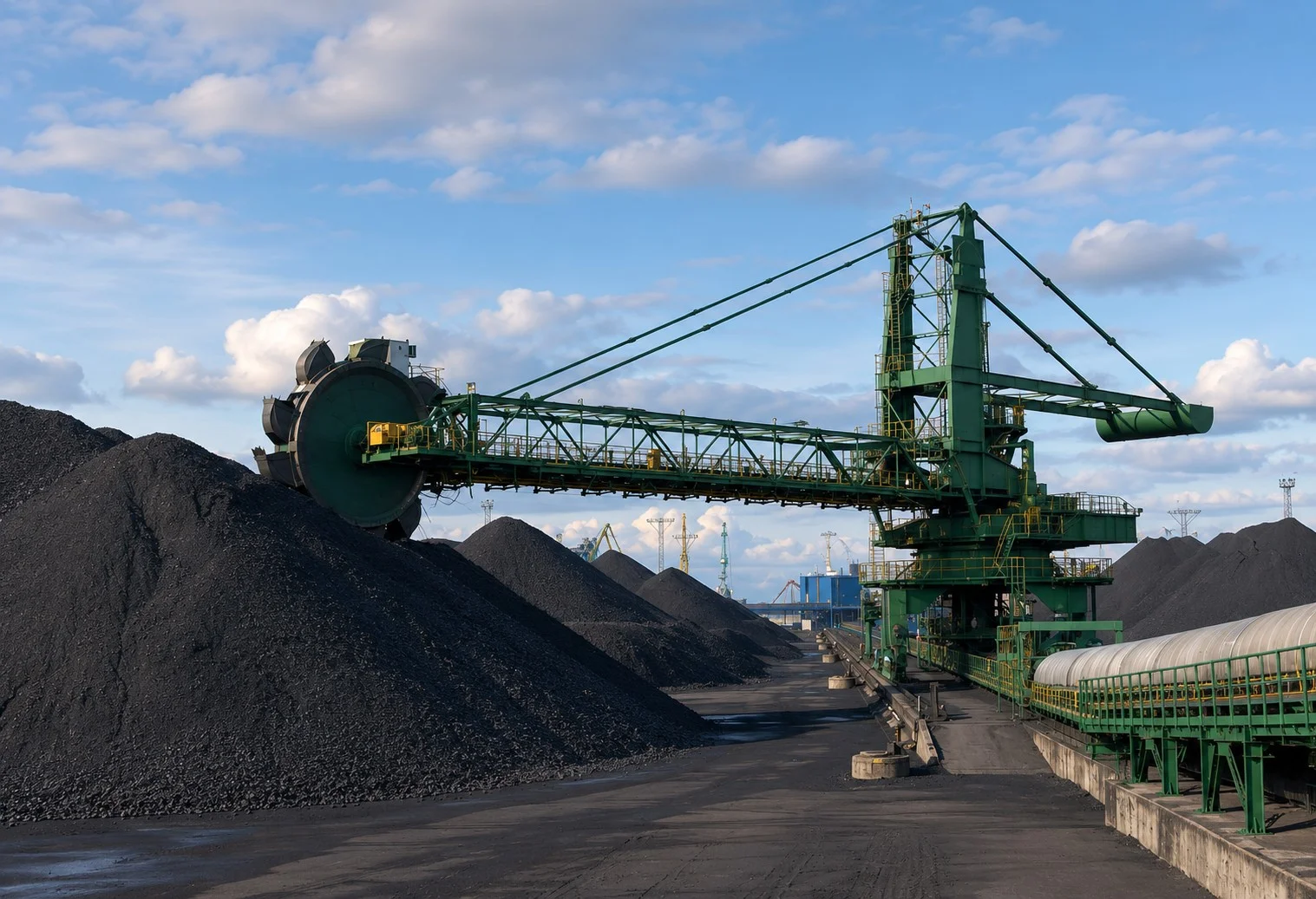 Large green coal handling machine operating beside coal stockpiles at an export terminal.