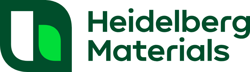 Heidelberg Materials logo: dark green rounded square mark with a white shape and a bright green accent, then the dark green text 'Heidelberg Materials'.