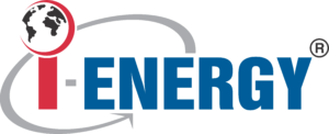 i-ENERGY logo: blue 'ENERGY' text with a red vertical bar and a grey circular swoosh enclosing a globe.