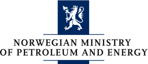 Logo for the Norwegian Ministry of Petroleum and Energy, featuring a blue shield with a white lion and the ministry name beneath.