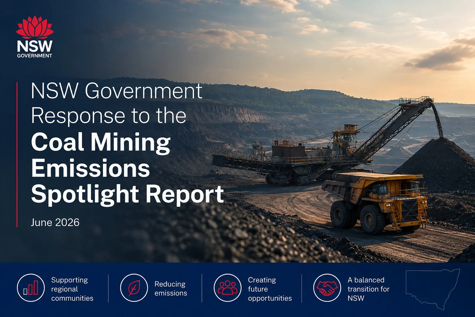 NSW Government coal mining emissions response | The Coal Hub NSW Government report image showing an open-cut coal mine with mining equipment and emissions transition themes.