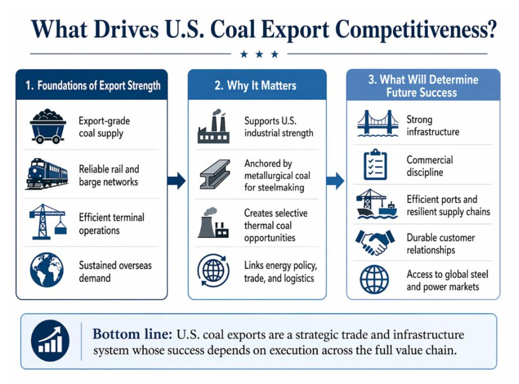 US coal exports competitiveness infographic showing the factors supporting America's position in global coal markets, including export-grade coal supply, logistics infrastructure and international demand.