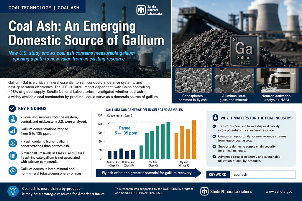 Coal ash infographic showing gallium recovery potential from fly ash samples analysed by Sandia National Laboratories