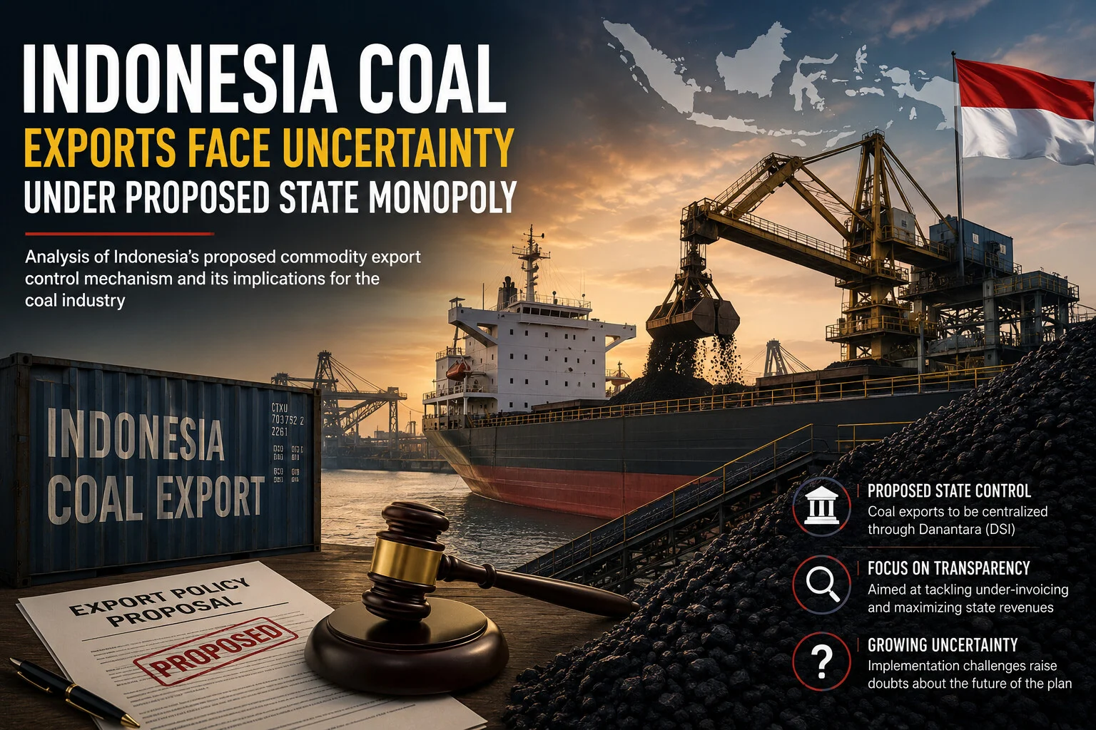 Indonesia coal export policy uncertainty | The Coal Hub | The Coal Hub Indonesia coal export image showing coal loading at port, proposed export policy and uncertainty over state control