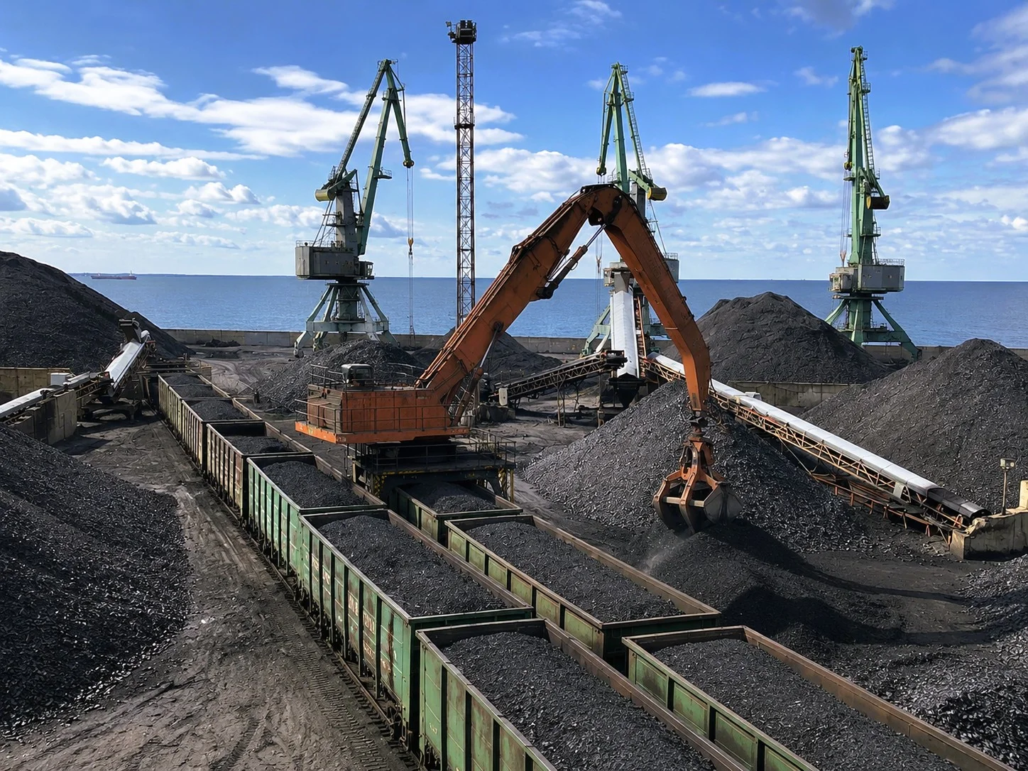 Coal being handled from rail wagons at a Russian port terminal, illustrating Kazakh coal transit
