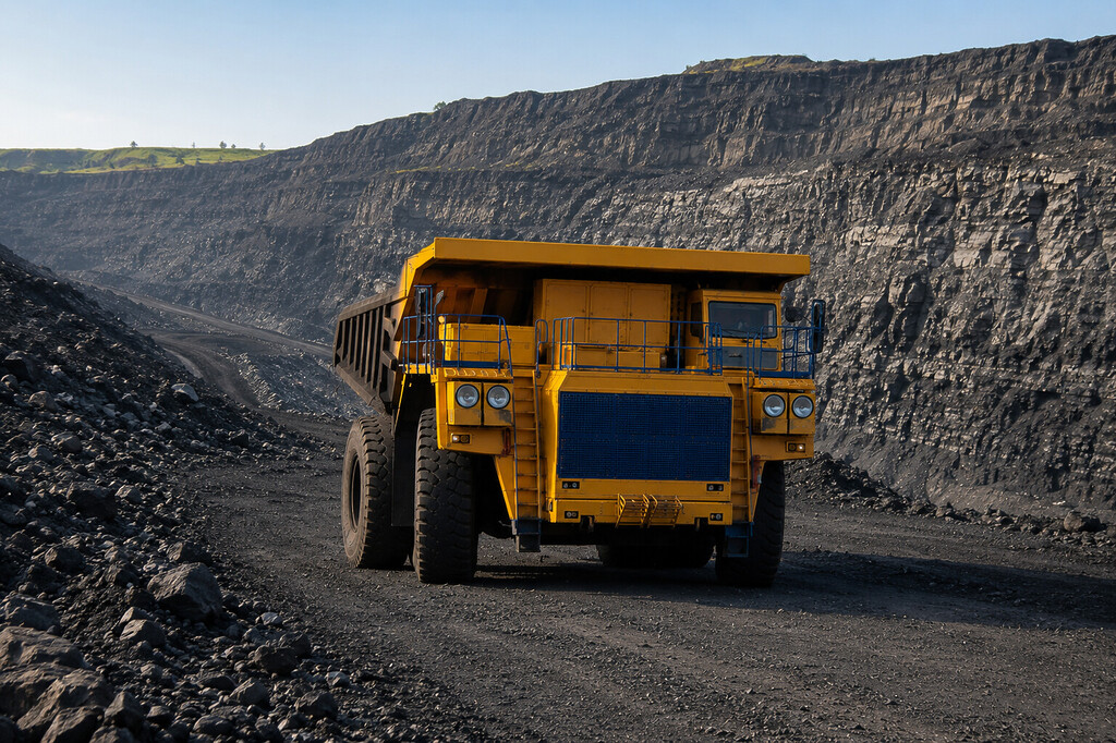 Mining truck operating at a Kuzbass open-pit coal mine