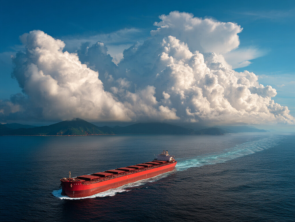 Red cargo ship sails through calm blue sea beneath towering white clouds and distant green mountains on the horizon.