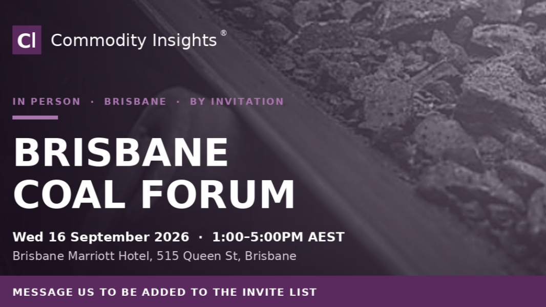 Event banner for Commodity Insights: Brisbane Coal Forum, September 16, 2026, 1–5 PM AEST at Brisbane Marriott Hotel.