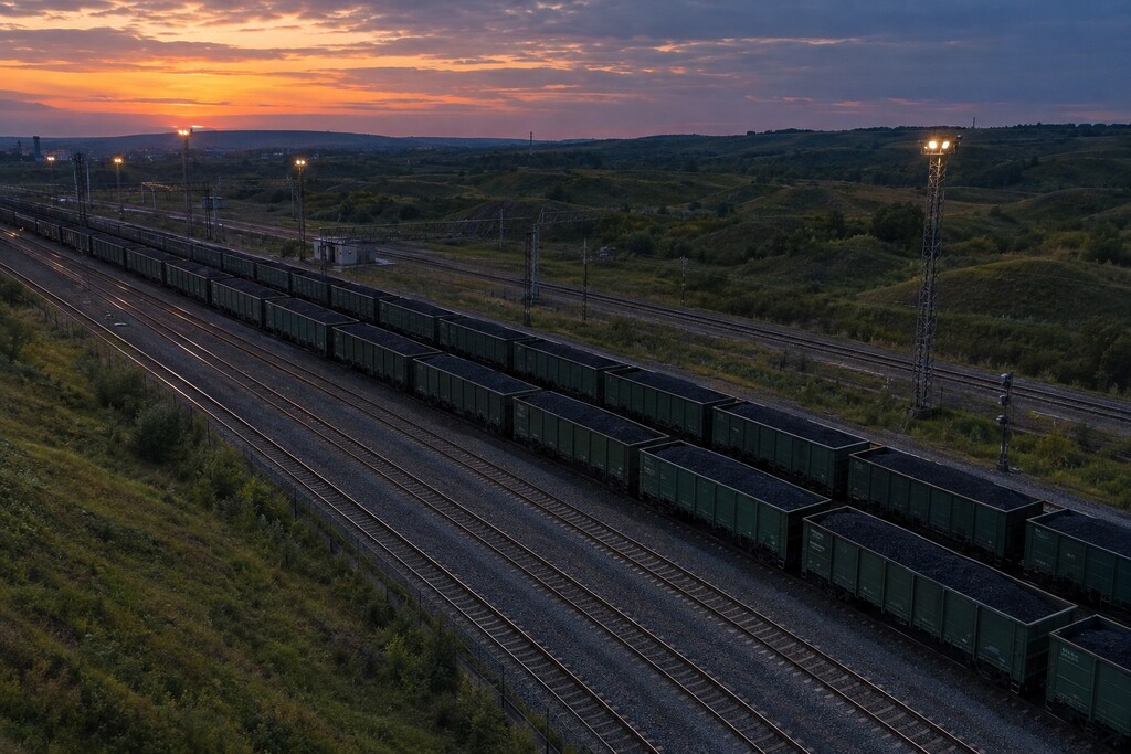 Coal rail wagons lined up on railway tracks near the Chinese border at sunset.