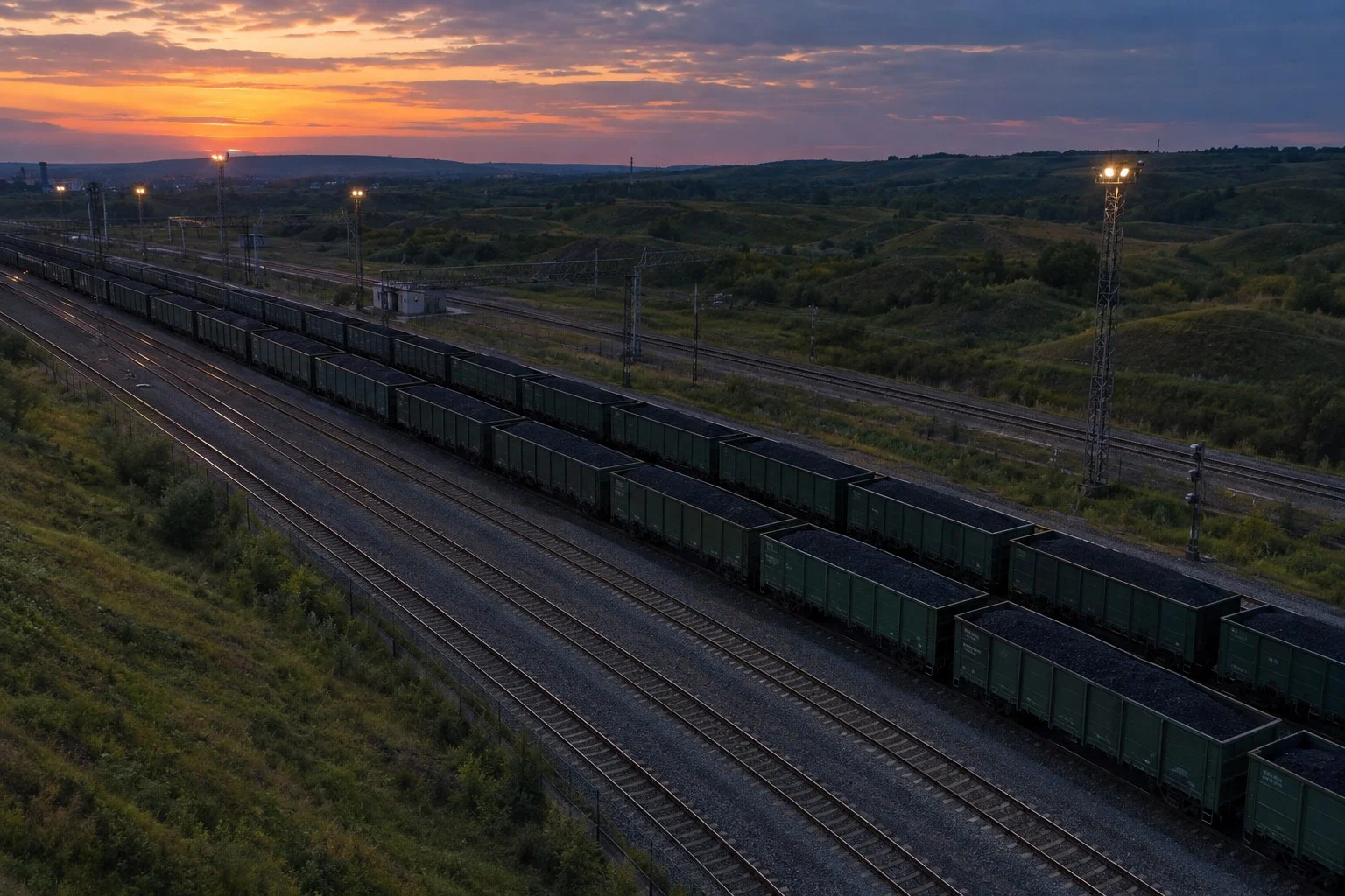 Coal rail wagons lined up on railway tracks near the Chinese border at sunset.