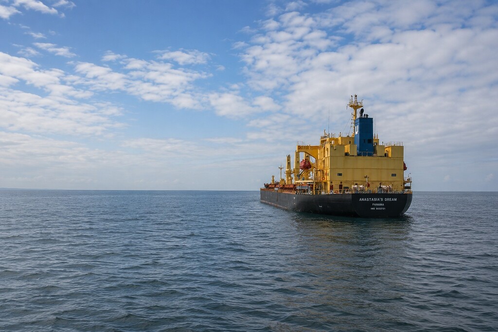 Large yellow and blue support vessel on calm sea under a partly cloudy sky.