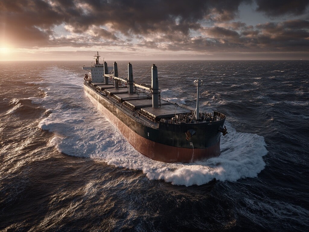 Bulk carrier sailing through rough seas under dark storm clouds.