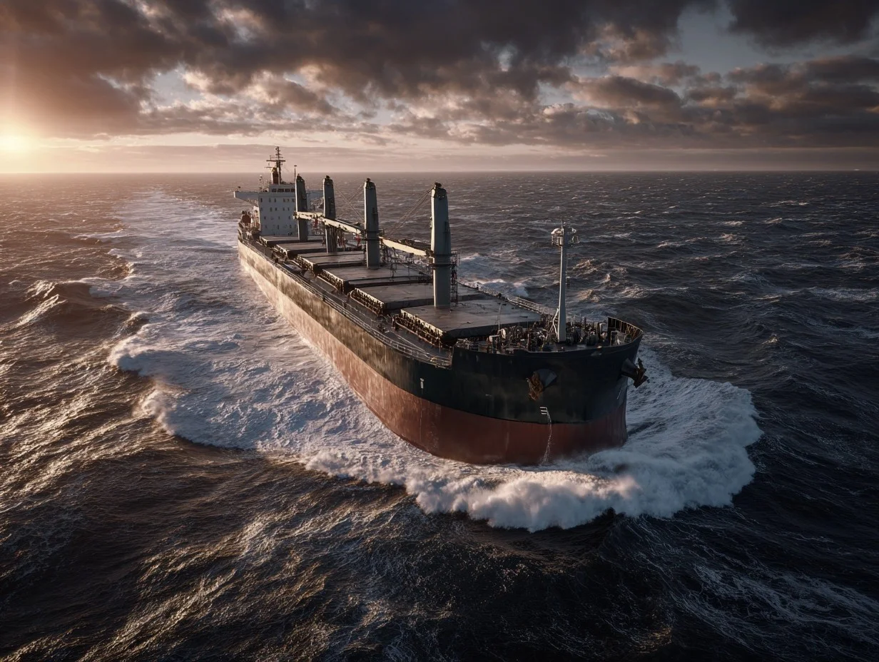 Bulk carrier sailing through rough seas under dark storm clouds.